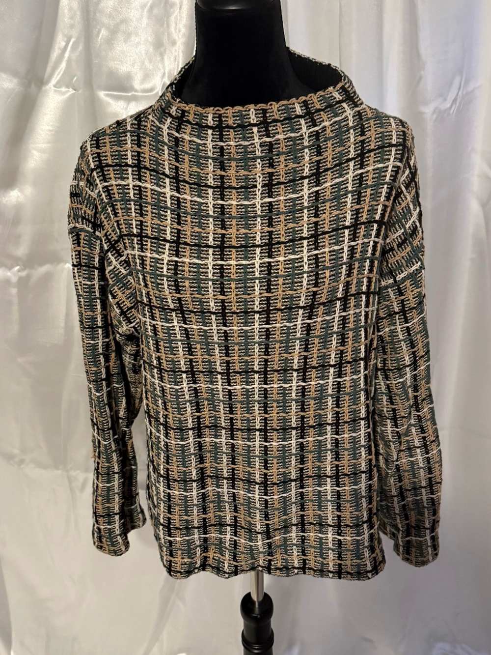 Textured Plaid Knit Pullover in Black, Green, Cream & Tan